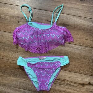 SO Juniors Smalls Aqua Purple 2pc Crochet Bikini Top & Bottoms Swimwear Swimsuit